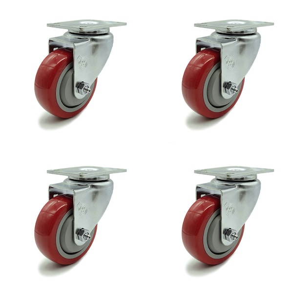 3.5 Inch Red Polyurethane Wheel Swivel Top Plate Caster Set